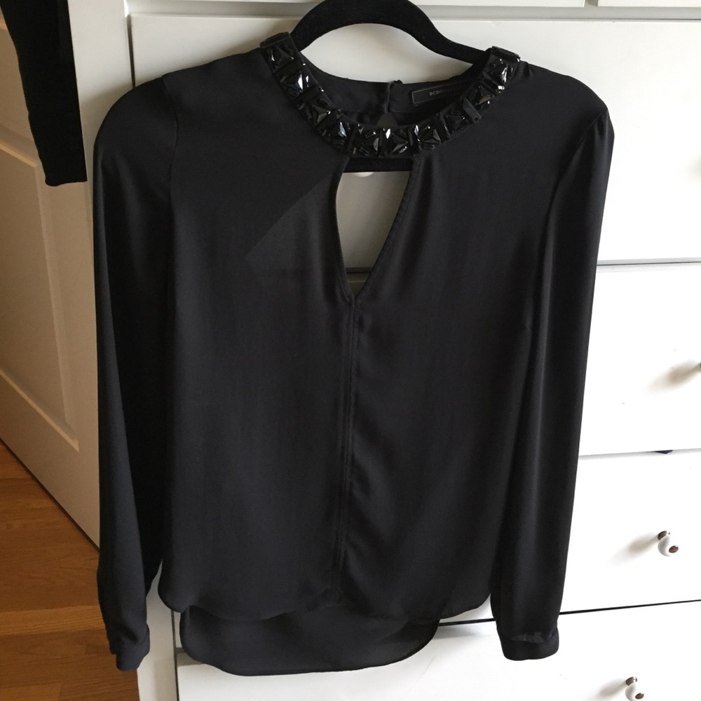 Black BCBG blouse with jeweled neckline